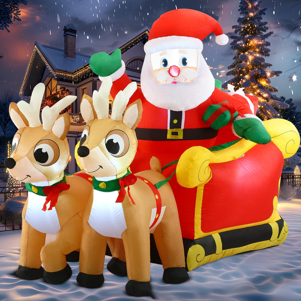 Joiedomi front view of inflatable Santa sleigh showing festive scene and curb appeal