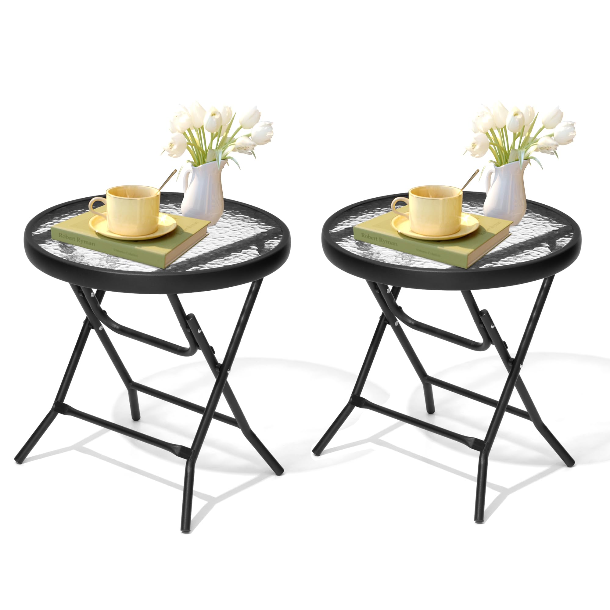 JOINHOM front view of two black side tables showing compact modern design and saving space