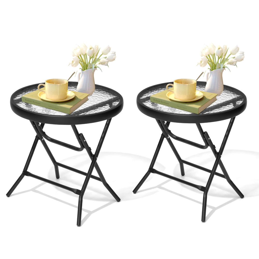 JOINHOM front view of two black side tables showing compact modern design and saving space