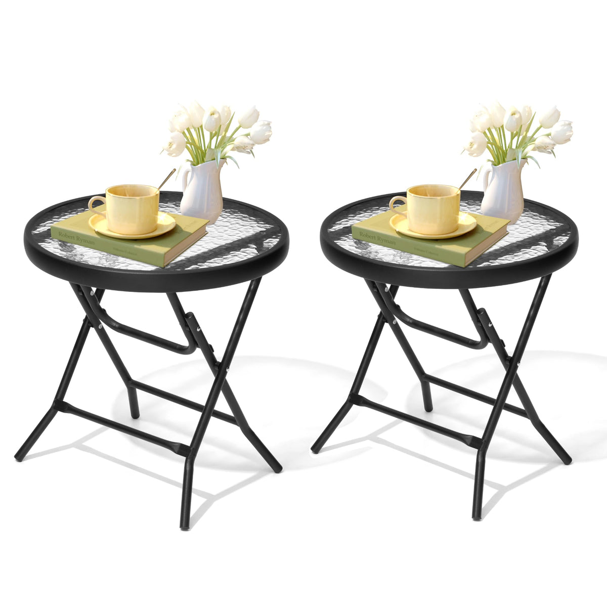 JOINHOM front view of two black side tables showing compact modern design and saving space