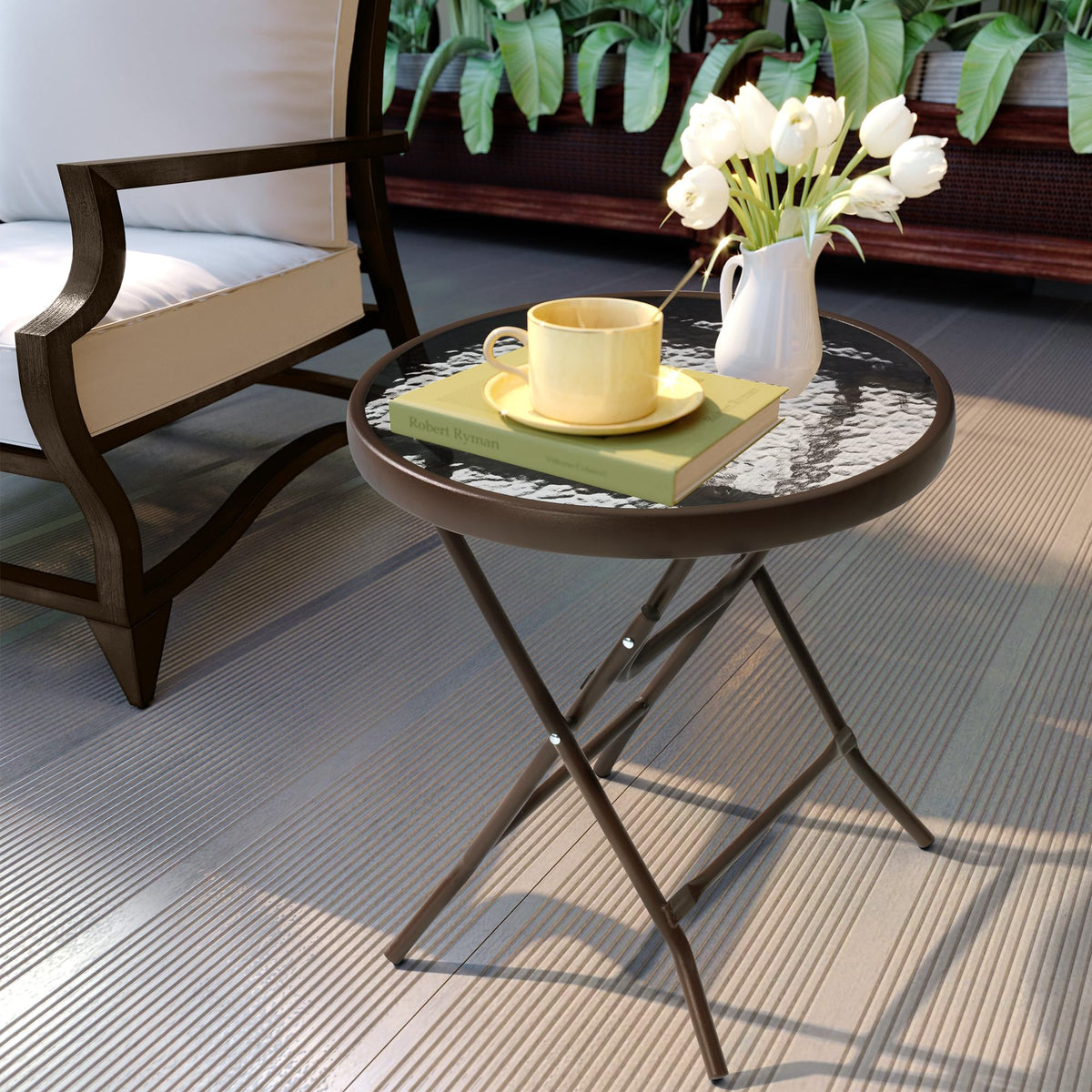 JOINHOM side table front view showing clean brown finish and modern design benefit: elegant outdoor surface