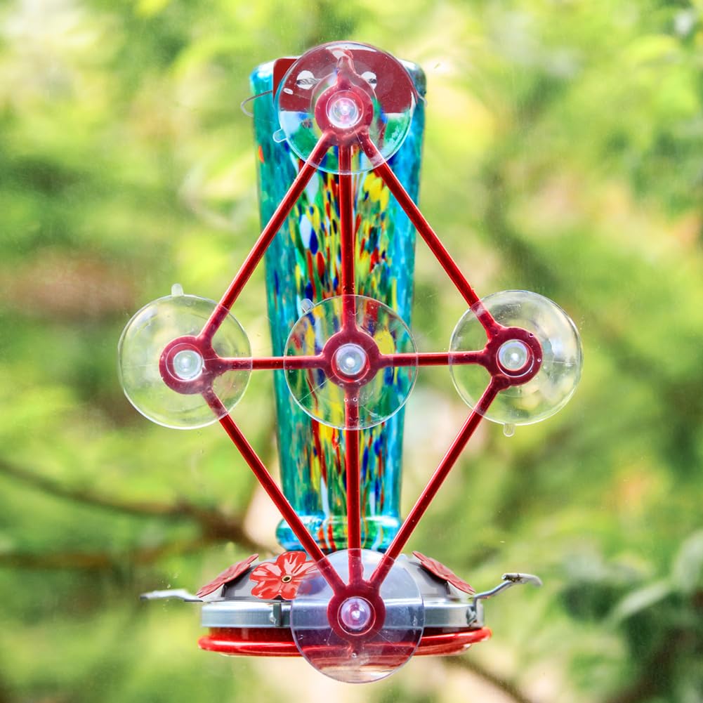 Jola's House feeder filled with nectar demonstrating easy refill and attractive color