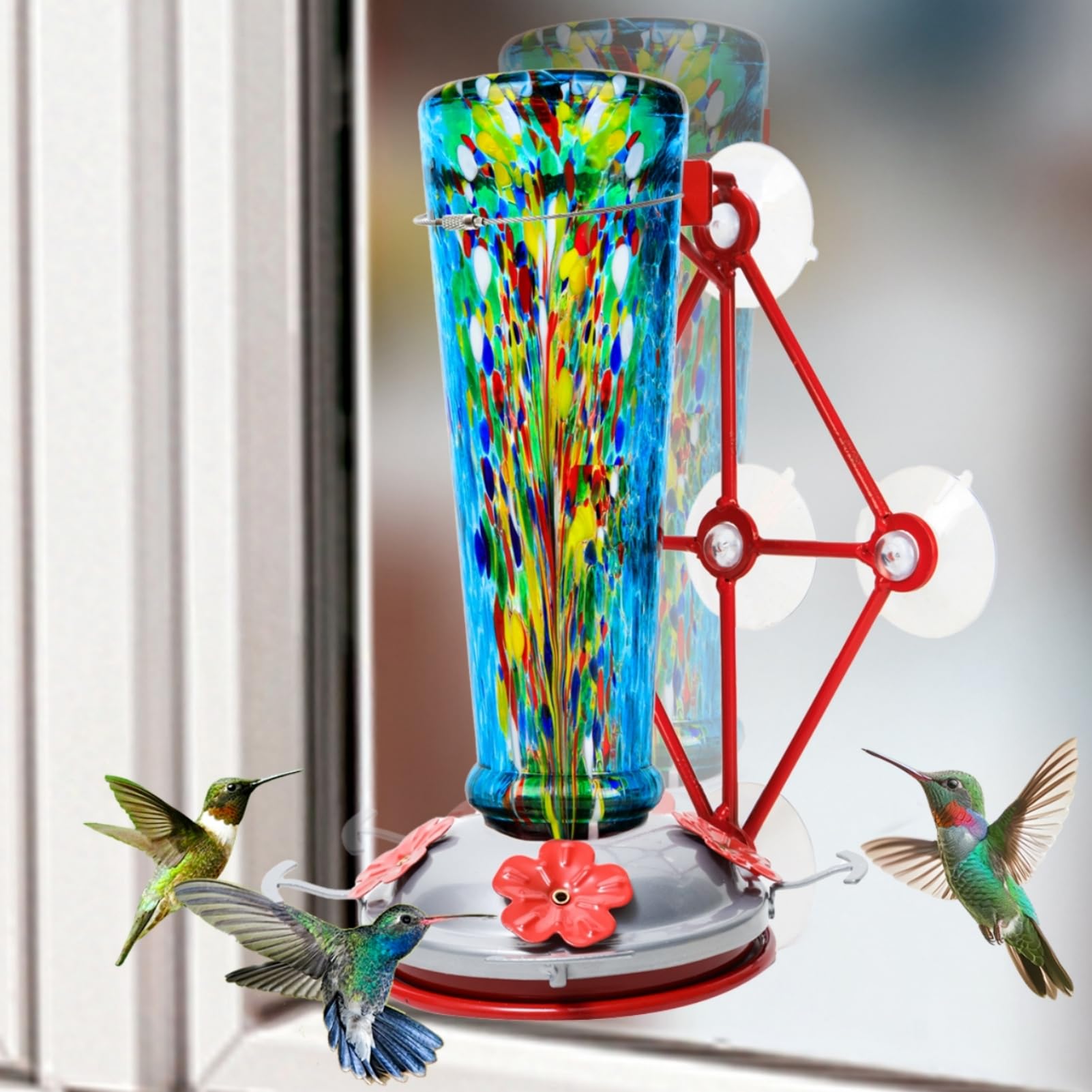 Jola's House front view of blue window hummingbird feeder shows clear close-up benefit