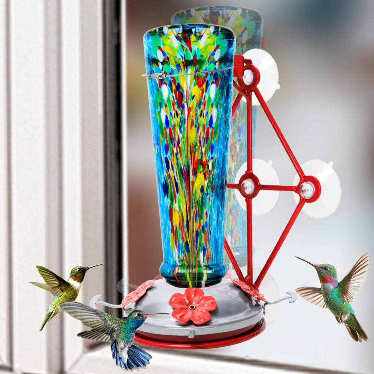 Jola's House front view of blue window hummingbird feeder shows clear close-up benefit