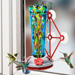 Jola's House front view of blue window hummingbird feeder shows clear close-up benefit