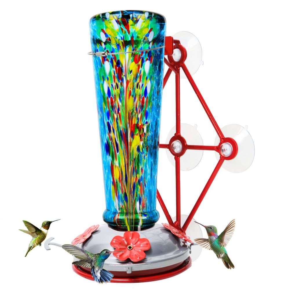 Jola's House feeder in patio setting with hummingbirds showing peaceful backyard viewing benefit