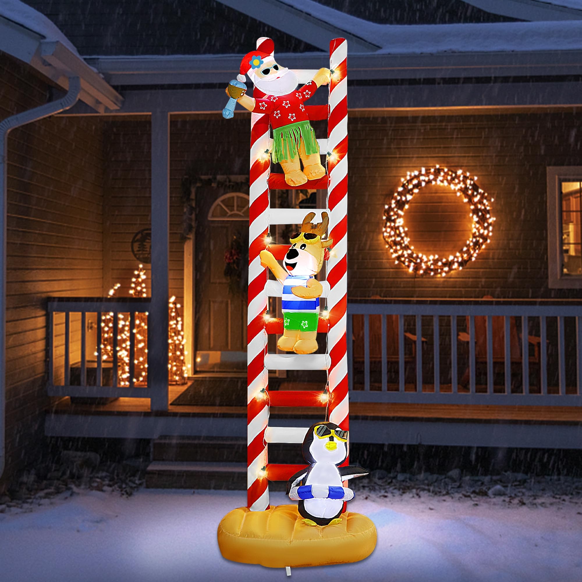 Joliyoou front view of inflated ladder with beach Santa, attracts attention