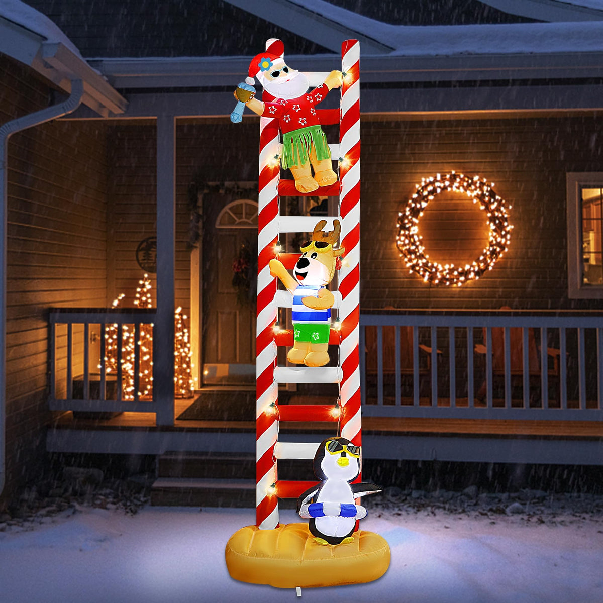 Joliyoou front view of inflated ladder with beach Santa, attracts attention