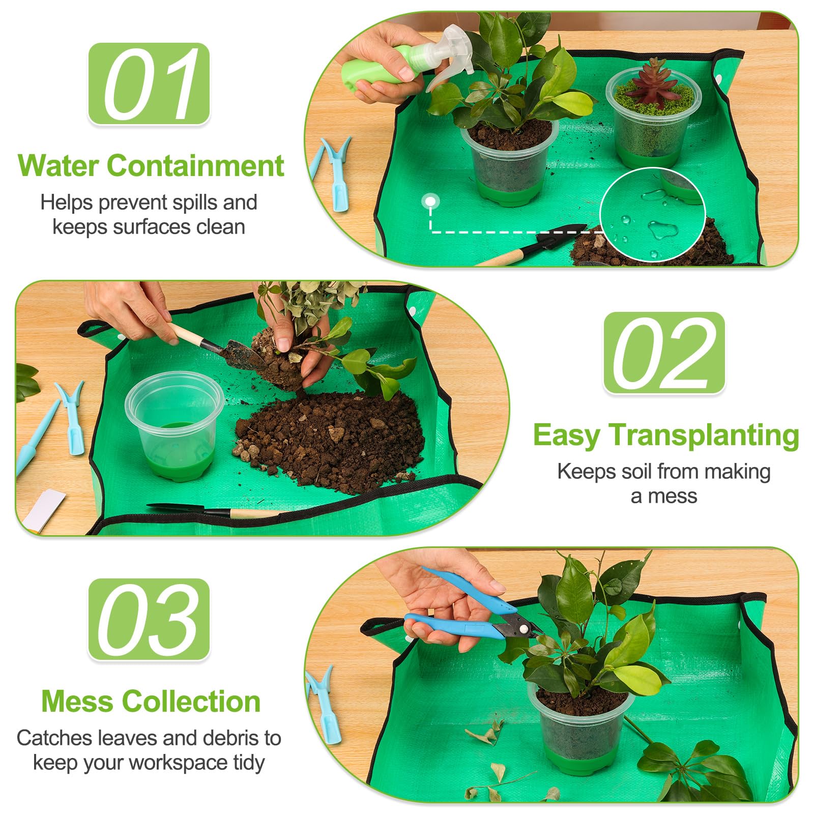 Jollidecor repotting mat and included tools arranged to simplify transplanting