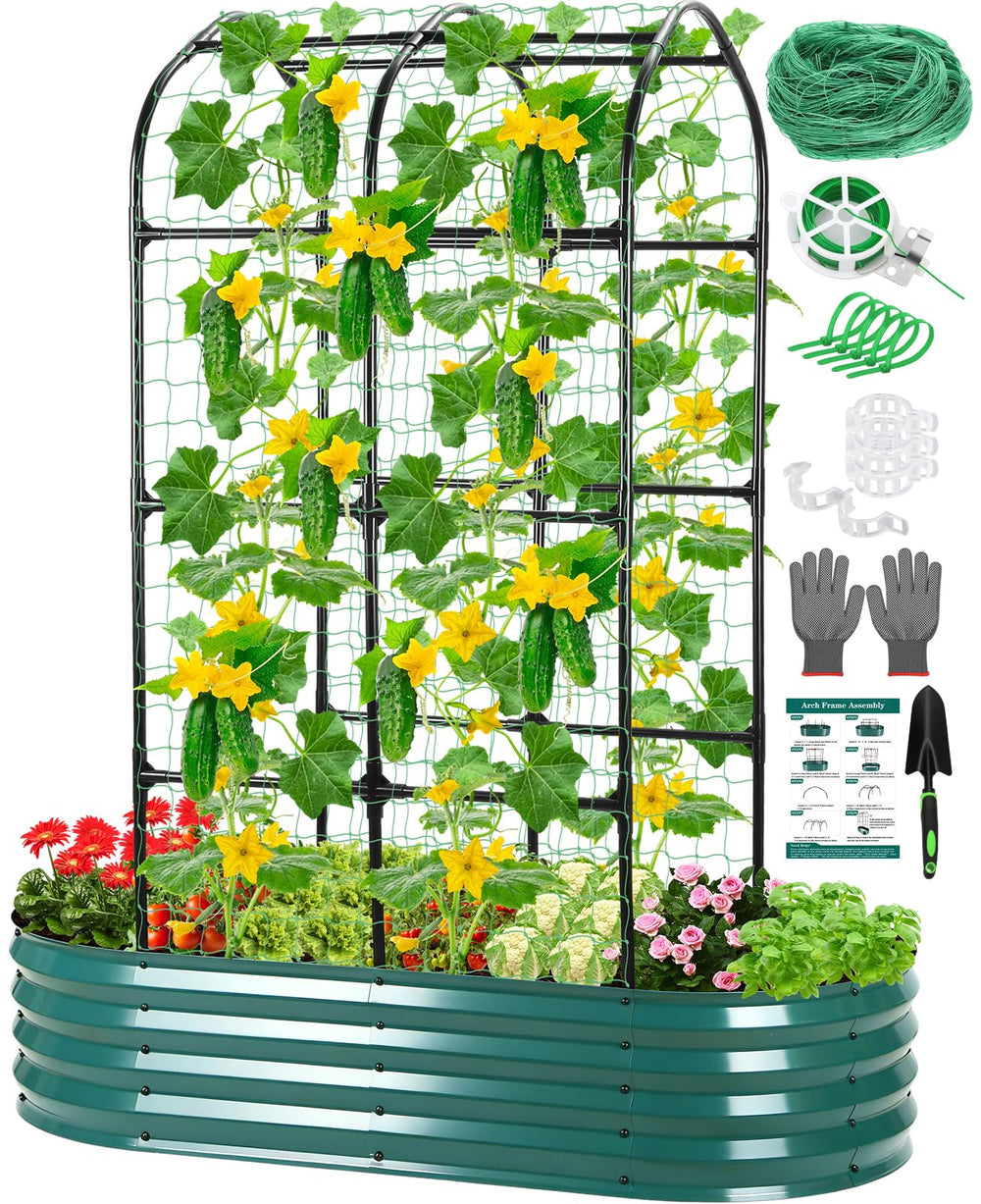 Jollidecor front view of galvanized raised garden bed showing arch and planter benefits