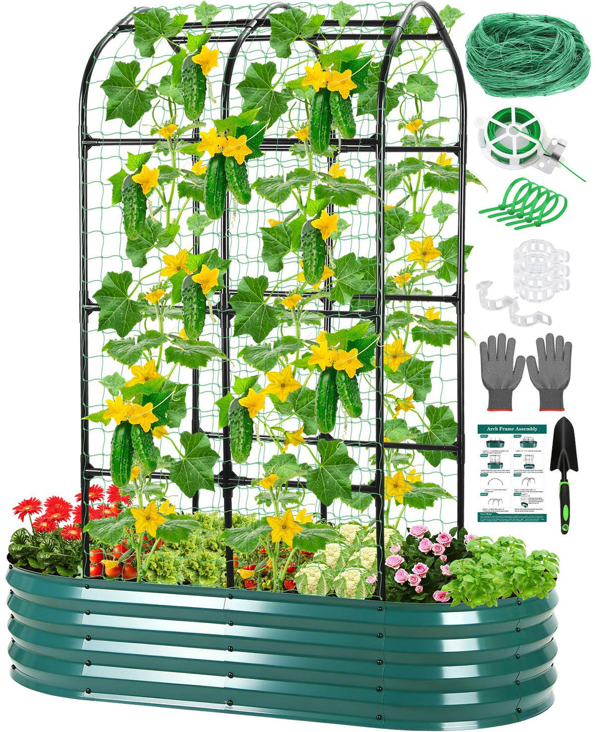 Jollidecor front view of galvanized raised garden bed showing arch and planter benefits