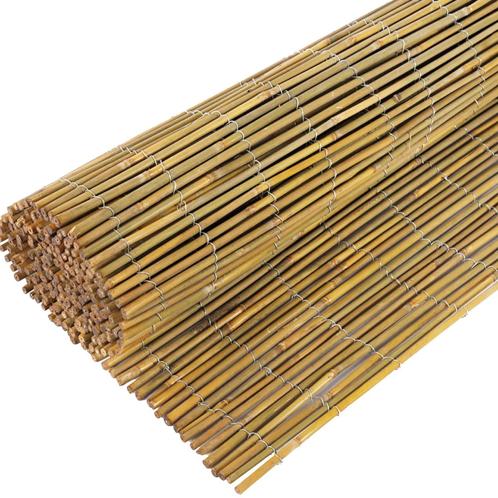 Jollybower front view of rolled bamboo fence showing natural finish and size benefit