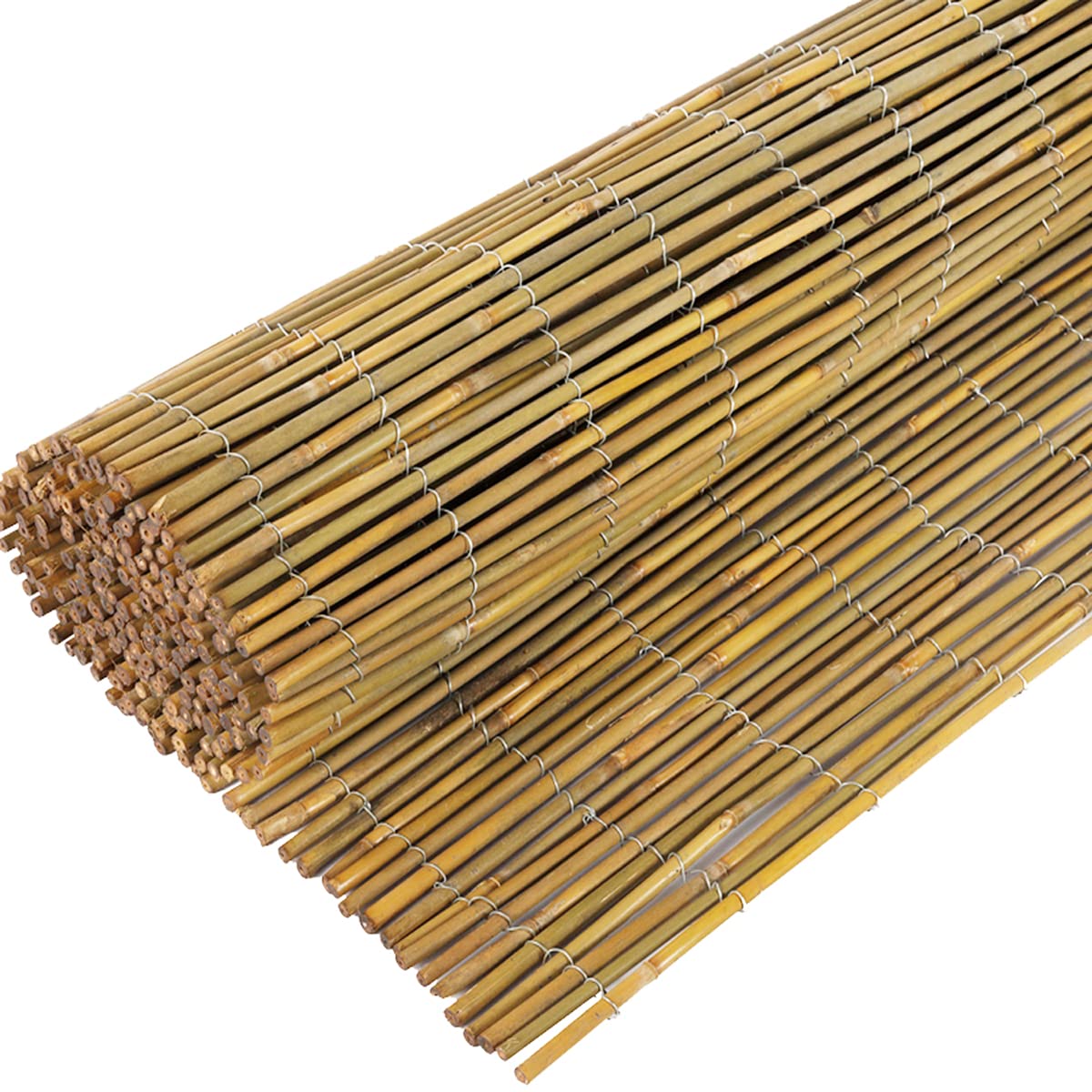 Jollybower front view of rolled bamboo fence showing natural finish and size benefit