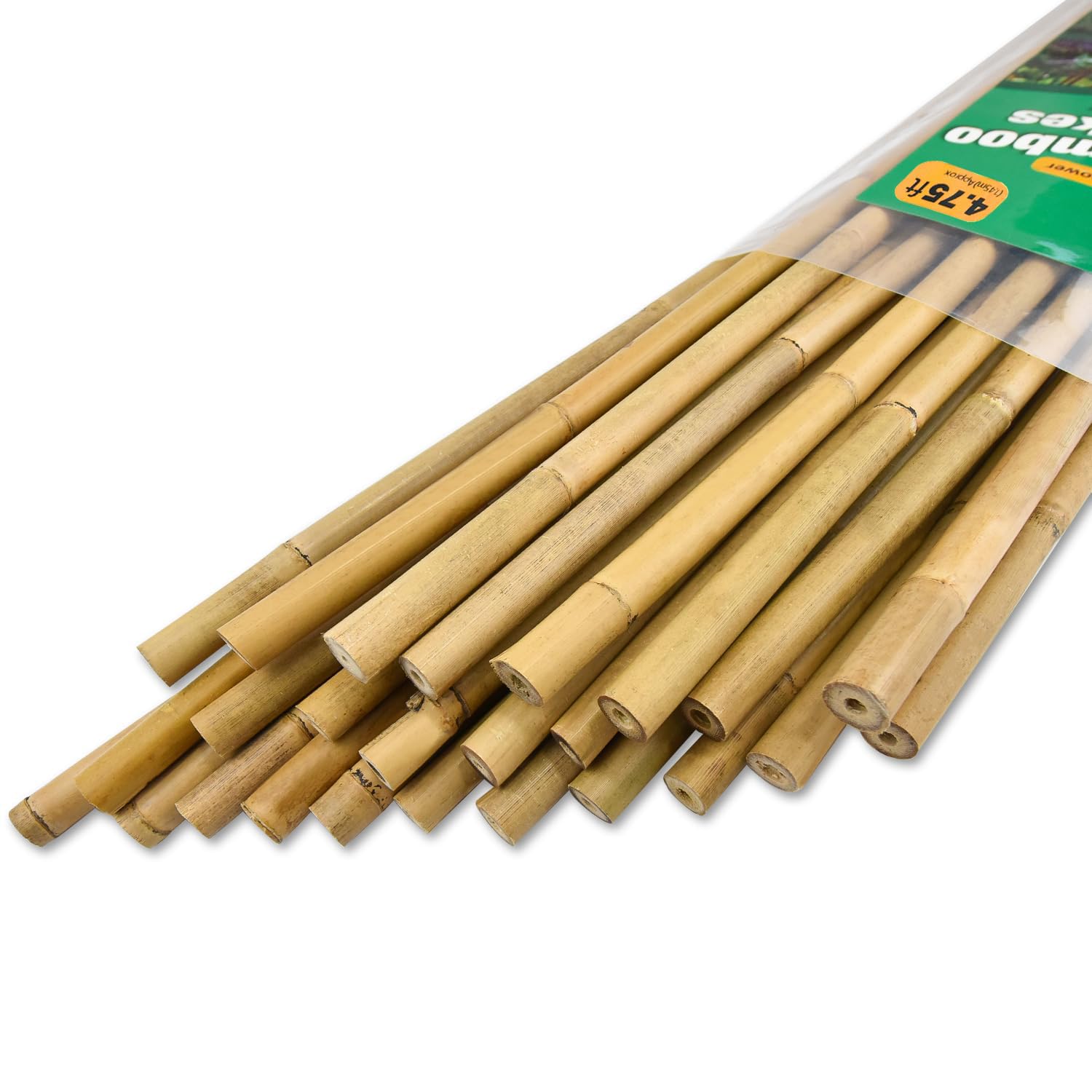 Jollybower front view of 25 bamboo stakes showing eco packaging and quantity