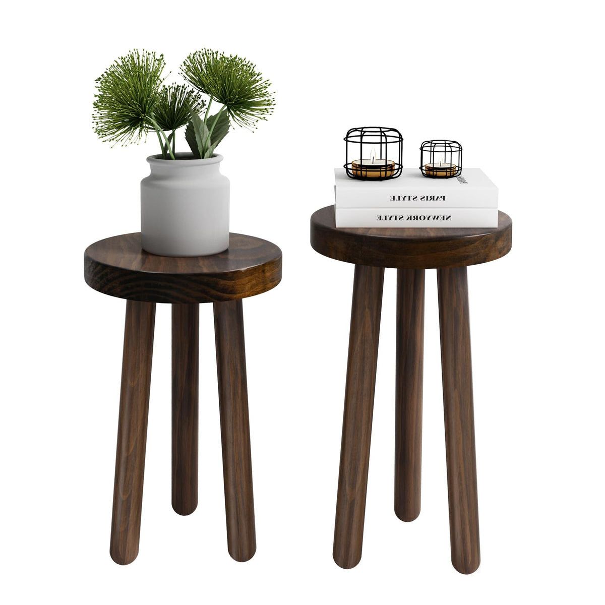 JOLLYMER front view of two dark walnut stands showing stable tripod design and style