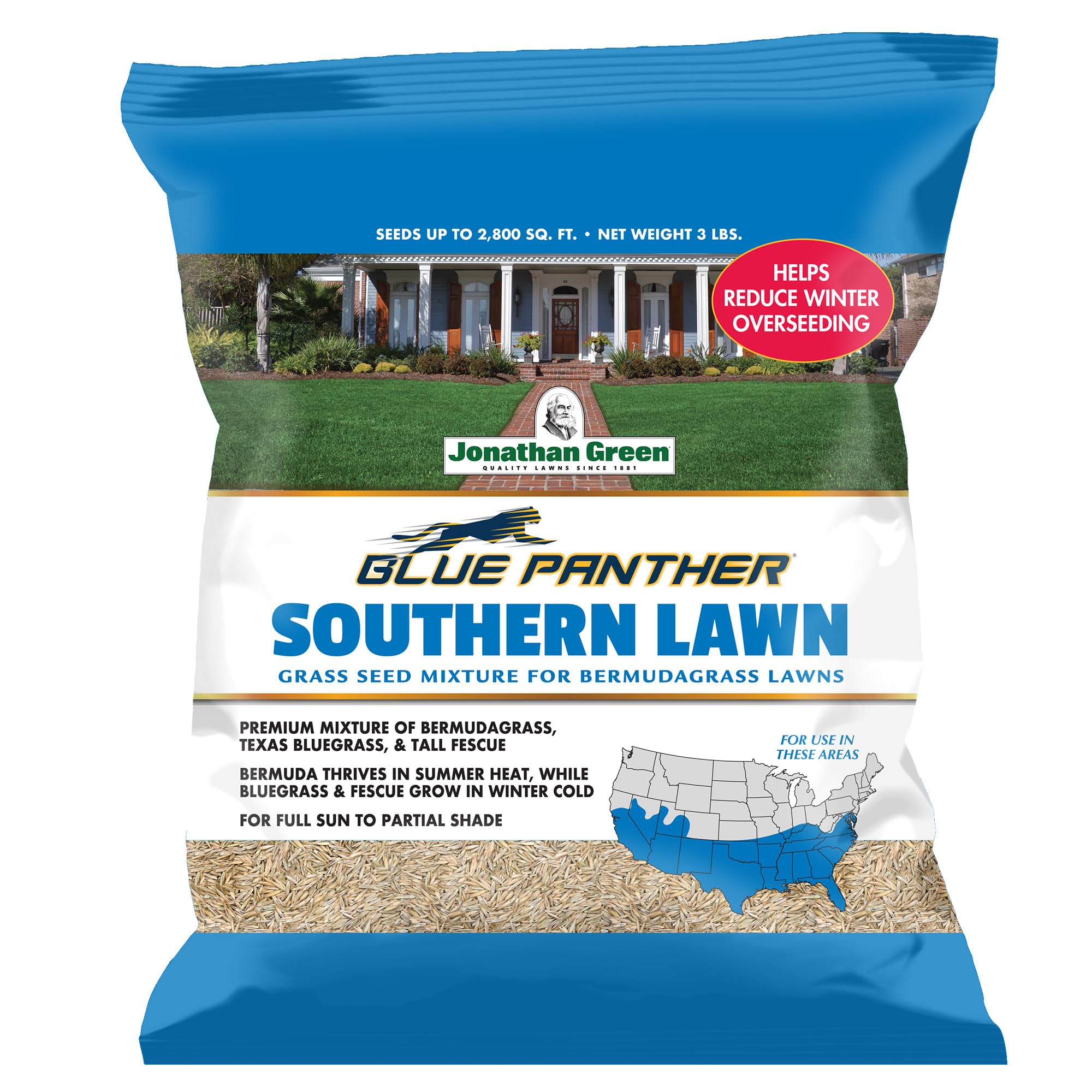 Jonathan Green front packaging showing 3 lb bag and coverage, easy identification benefit