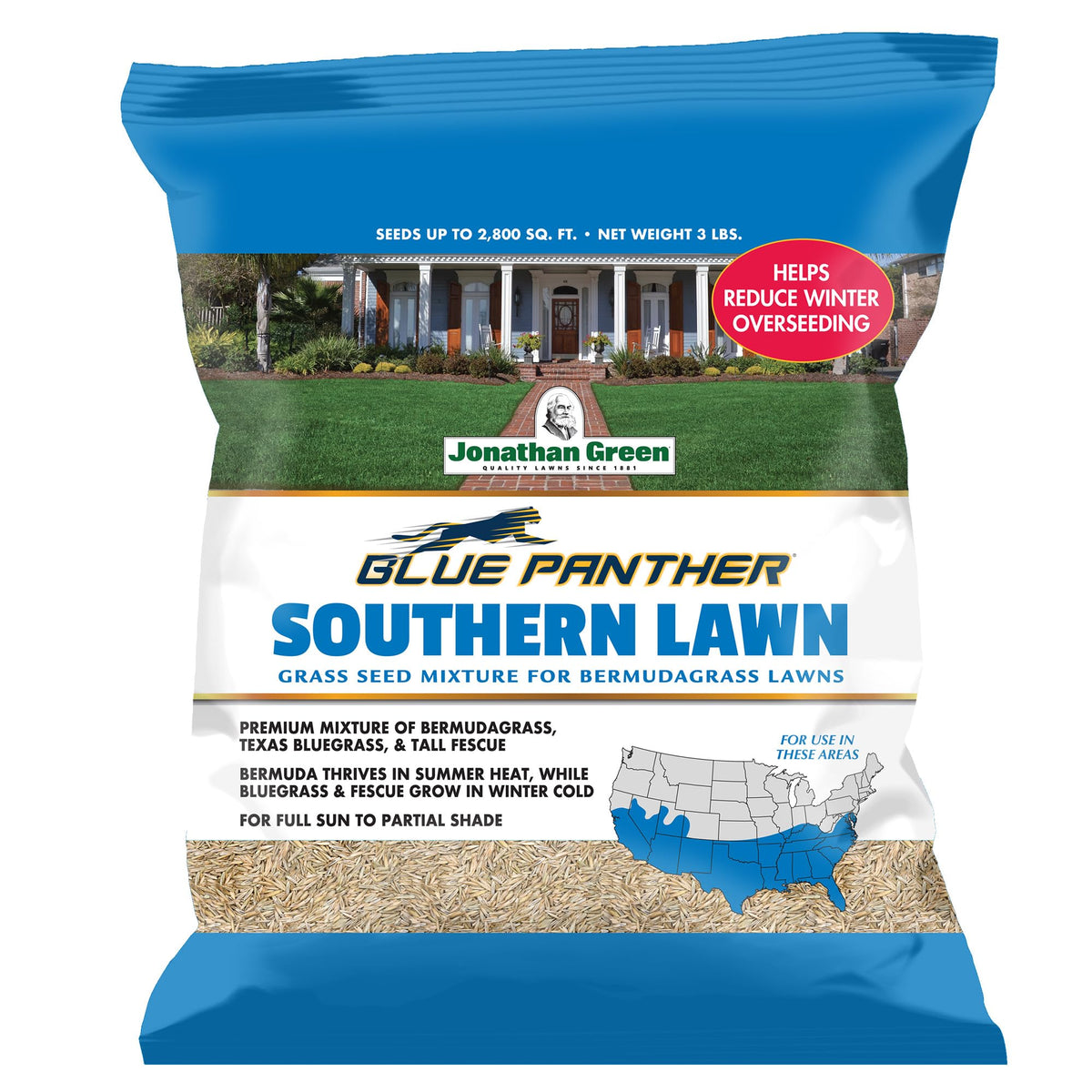 Jonathan Green front packaging showing 3 lb bag and coverage, easy identification benefit