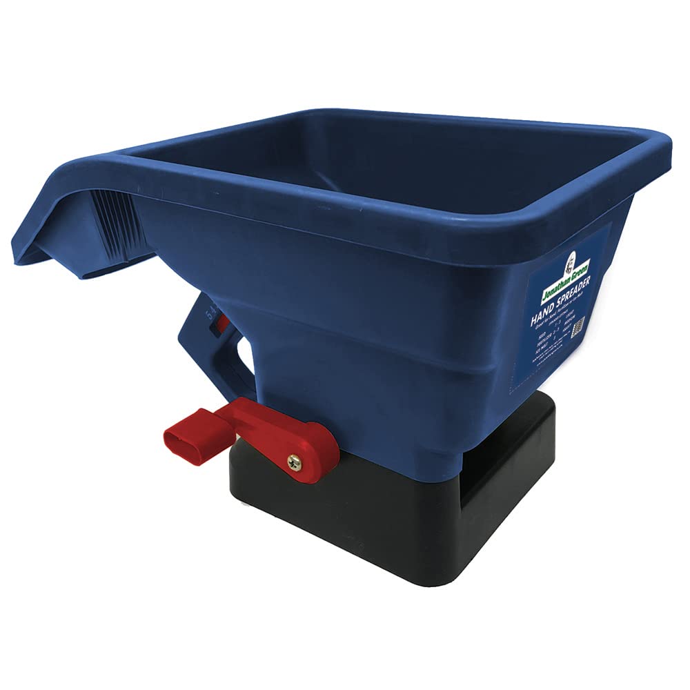 Jonathan Green hand spreader front view showing hopper and crank for even application