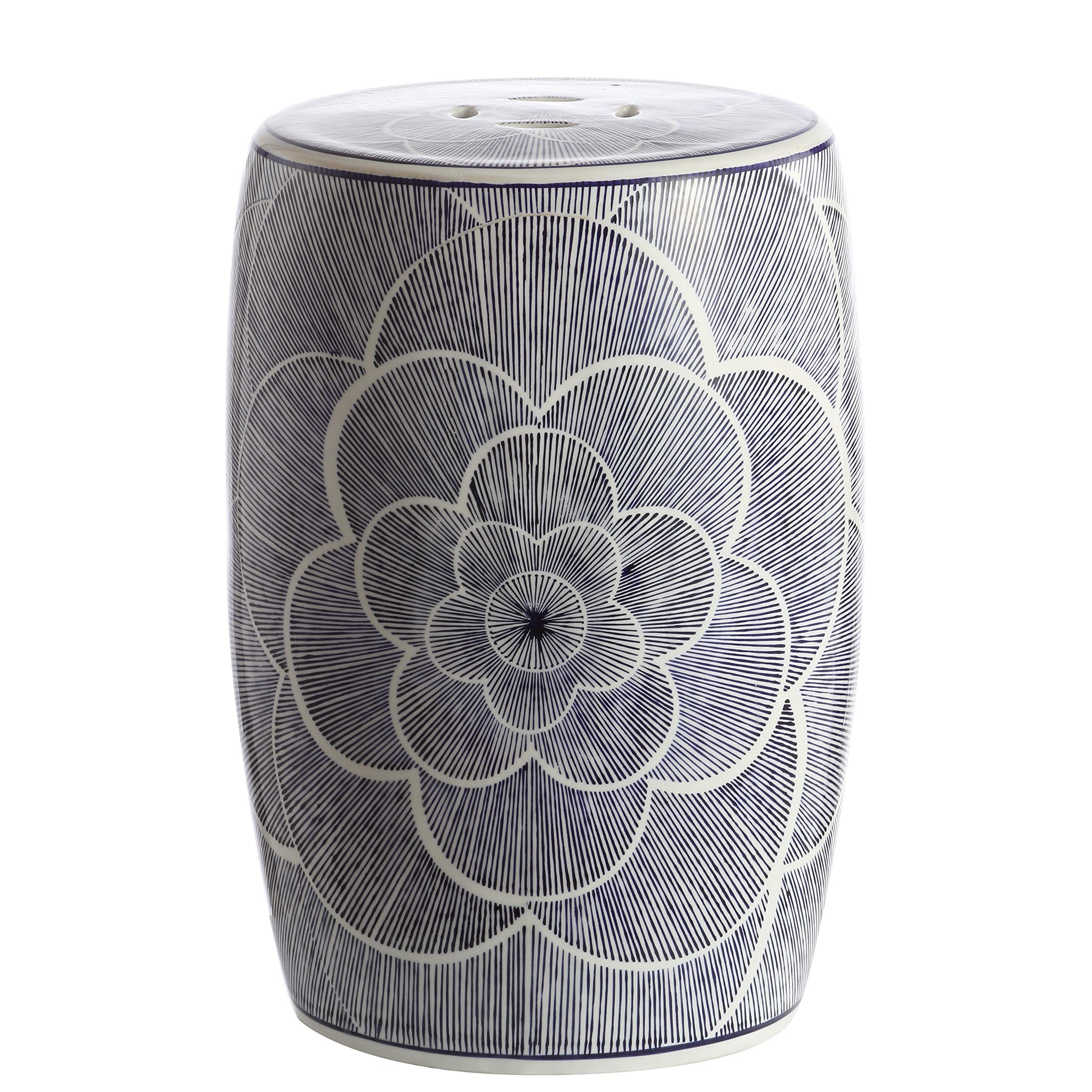 JONATHAN Y front view of blue and white camellia drum stool showing silhouette and finish