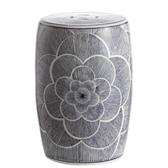 JONATHAN Y front view of blue and white camellia drum stool showing silhouette and finish