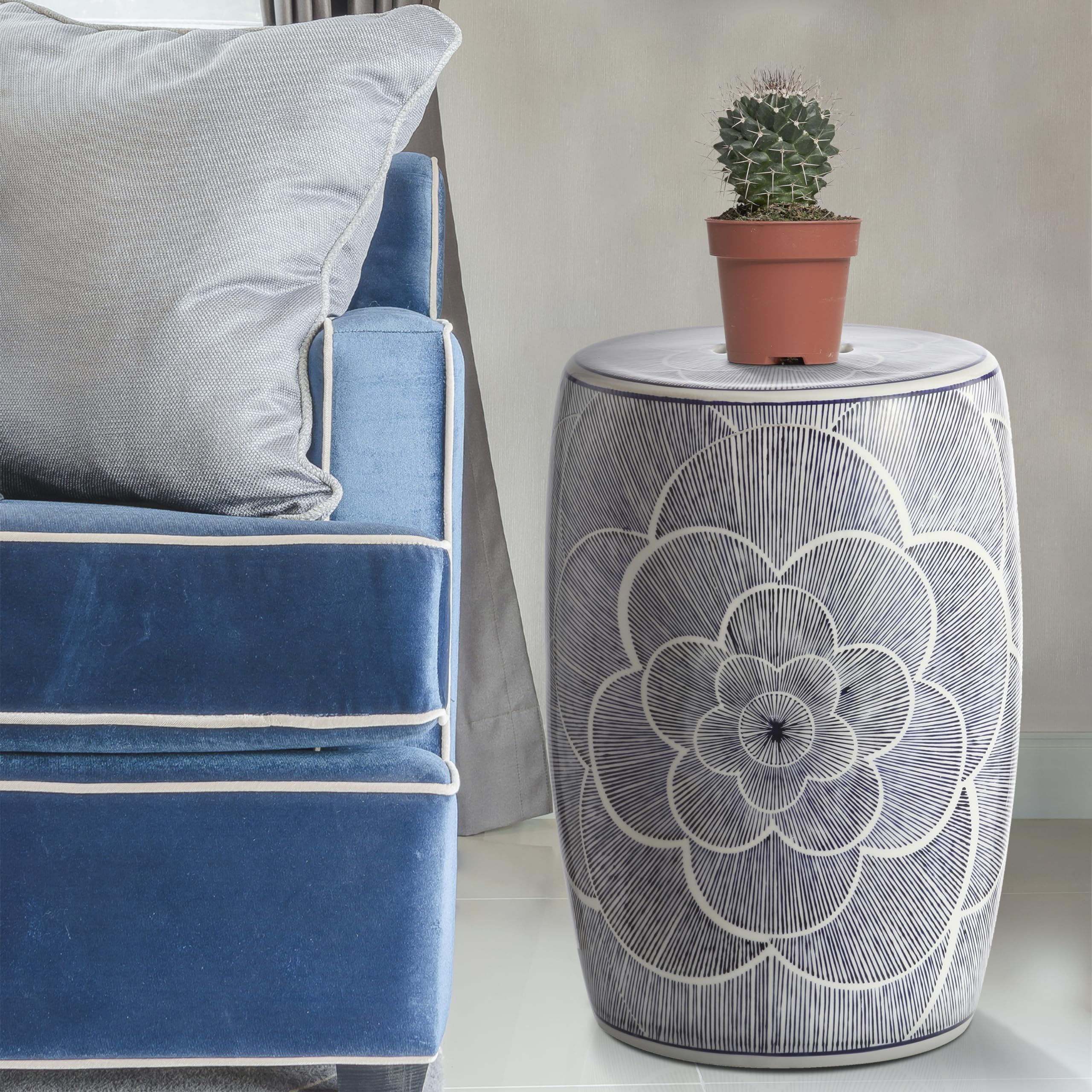 JONATHAN Y garden stool placed beside sofa showing multifunctional side table use