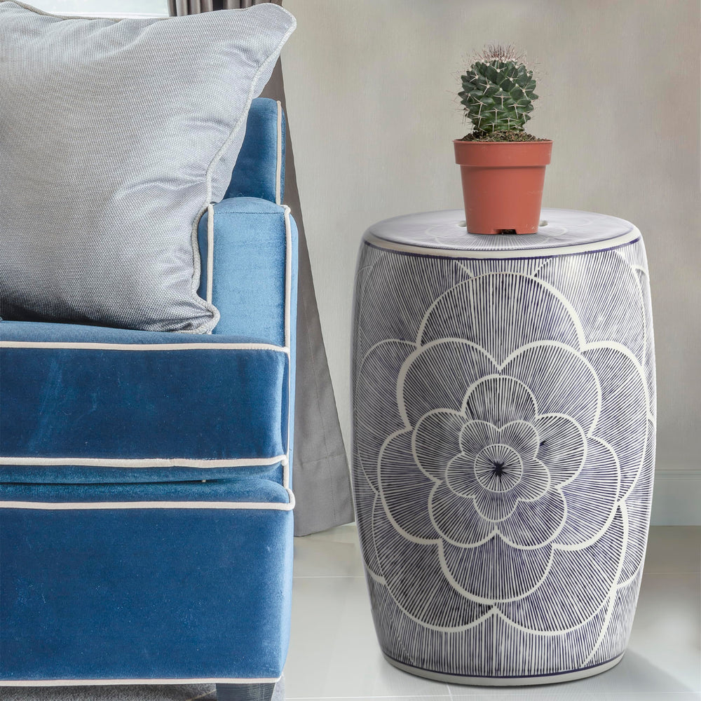 JONATHAN Y garden stool placed beside sofa showing multifunctional side table use