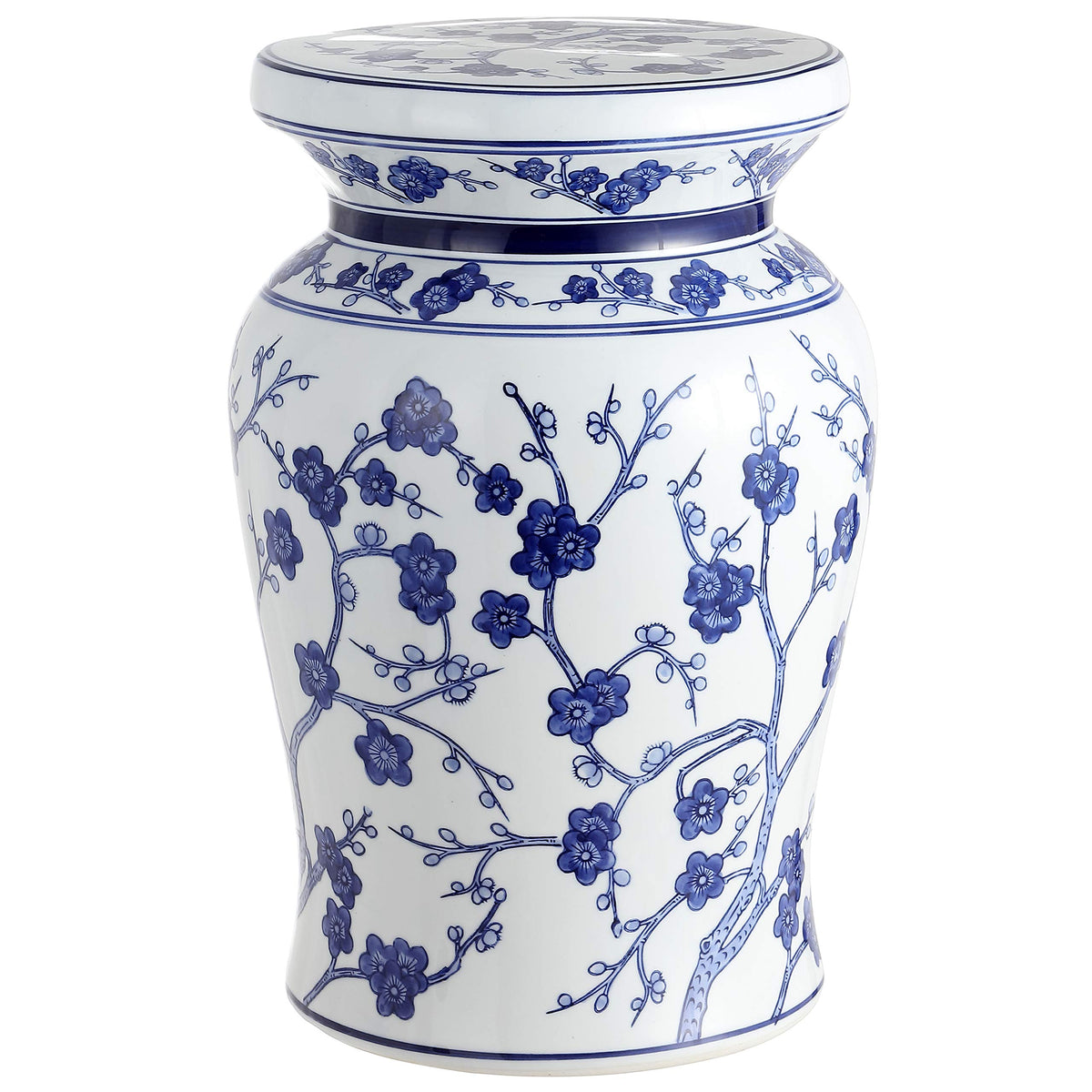 JONATHAN Y front view of blue white ceramic stool showing shape and function
