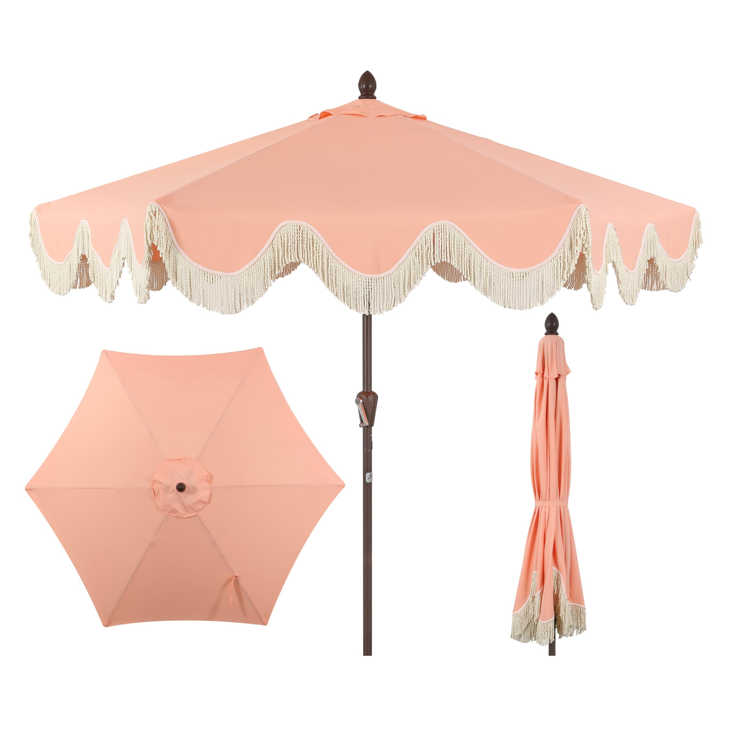 JONATHAN Y front view of coral pink scalloped umbrella showing full canopy and fringe benefit shade