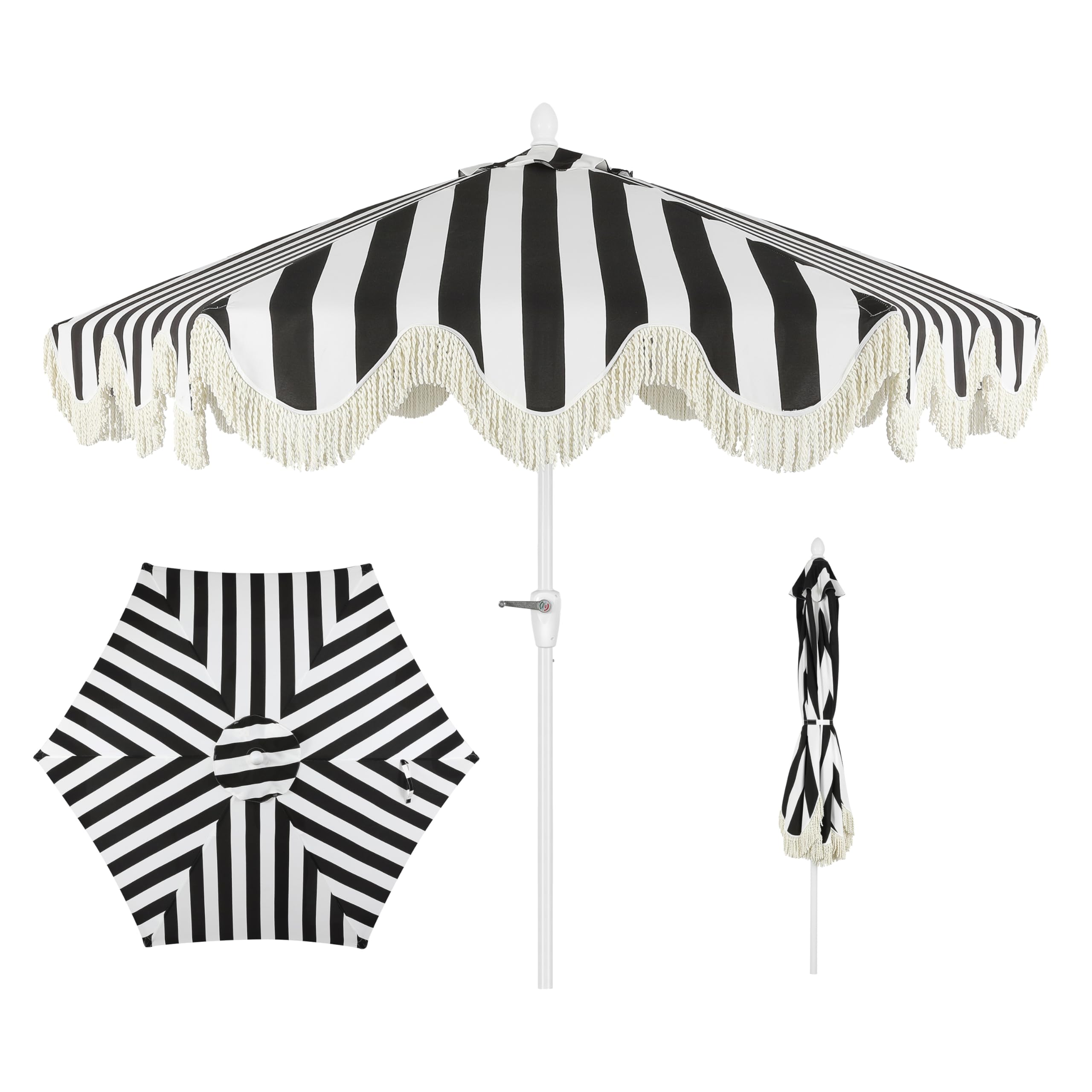 JONATHAN Y front view of black stripe scalloped umbrella creating stylish shade