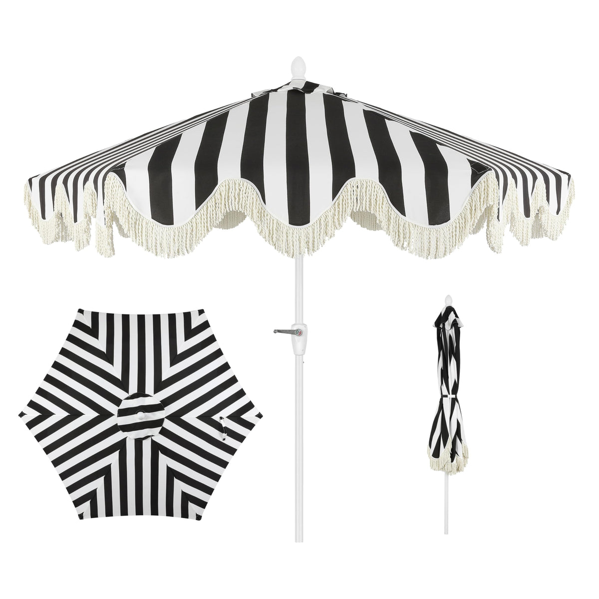 JONATHAN Y front view of black stripe scalloped umbrella creating stylish shade