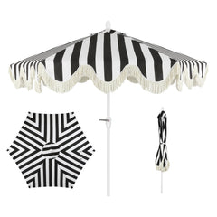 JONATHAN Y front view of black stripe scalloped umbrella creating stylish shade