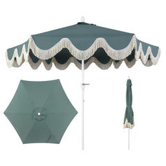JONATHAN Y umbrella front view showing green canopy and fringe for charming shade