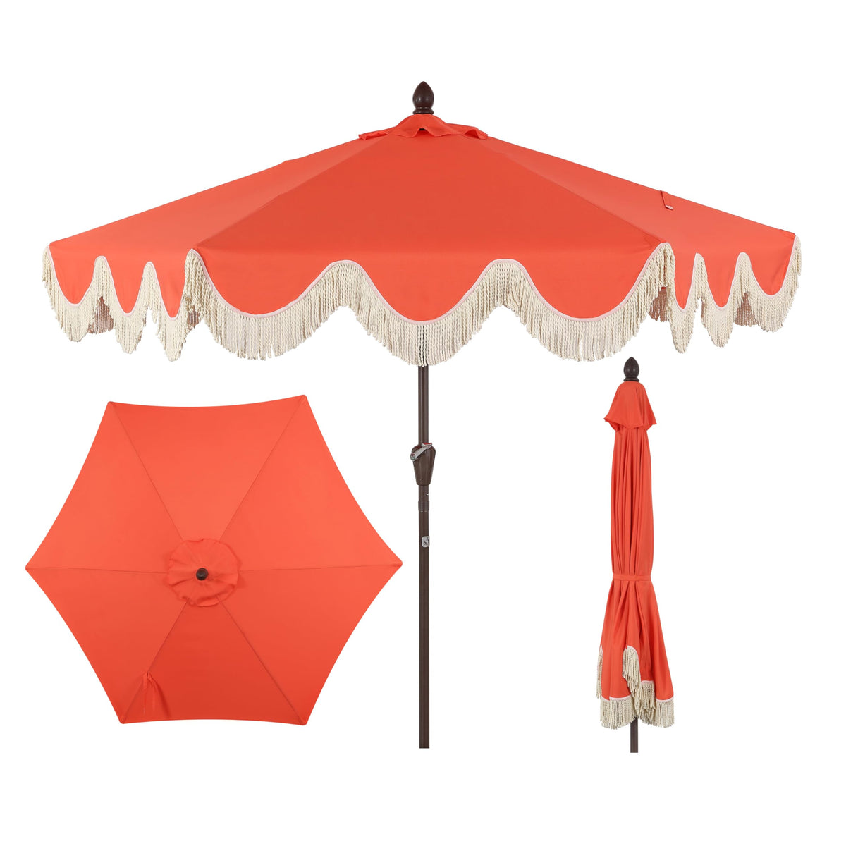 JONATHAN Y umbrella front view showing coral canopy and scalloped edge for stylish shade