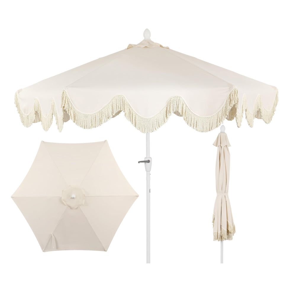 JONATHAN Y front view of cream scalloped market umbrella for elegant shade