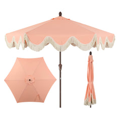 JONATHAN Y front view of coral pink scalloped umbrella showing full canopy and fringe benefit shade