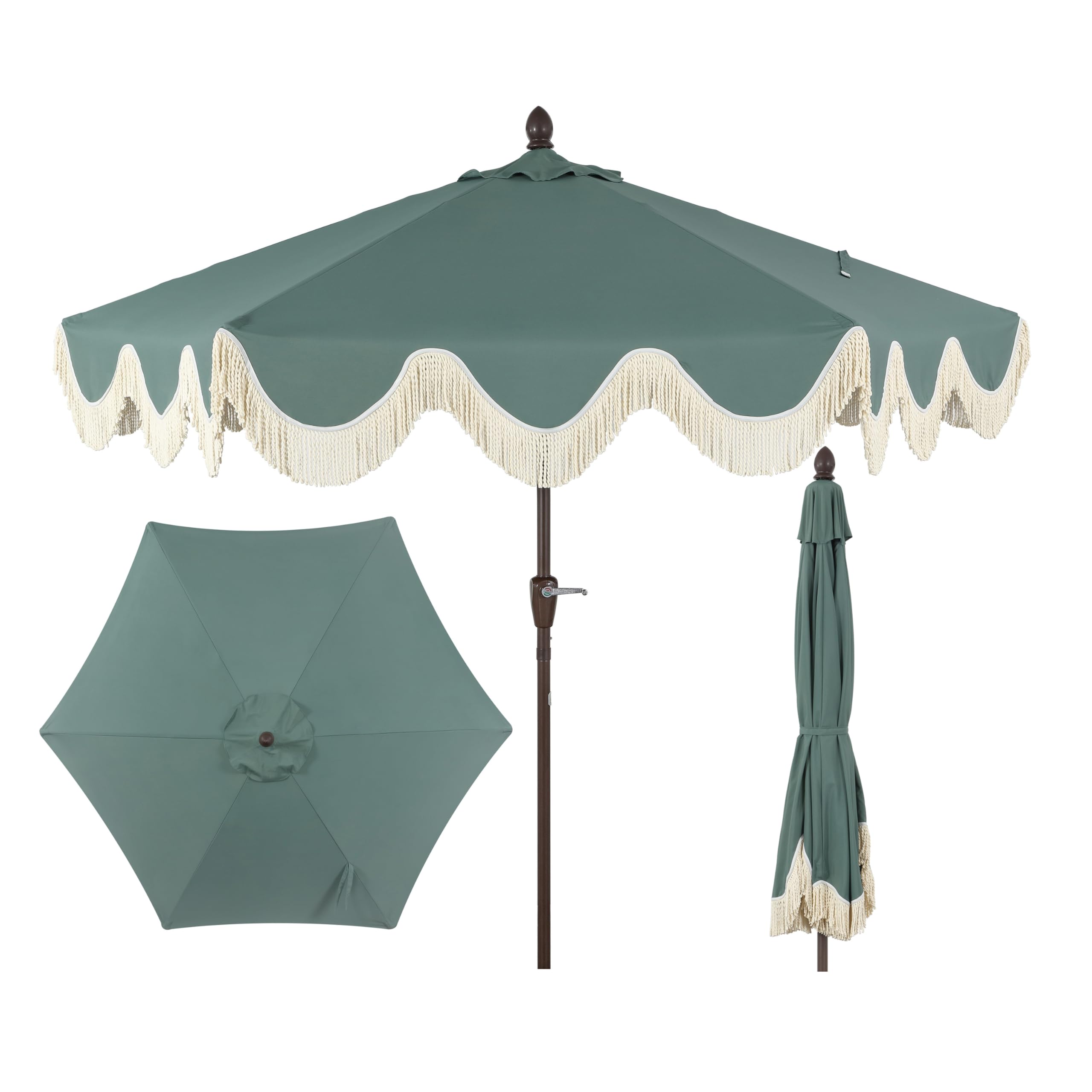 JONATHAN Y umbrella front view showing scalloped canopy and elegant fringe, enhancing patio style
