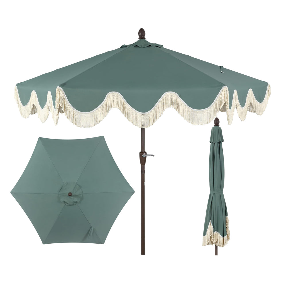 JONATHAN Y umbrella front view showing scalloped canopy and elegant fringe, enhancing patio style