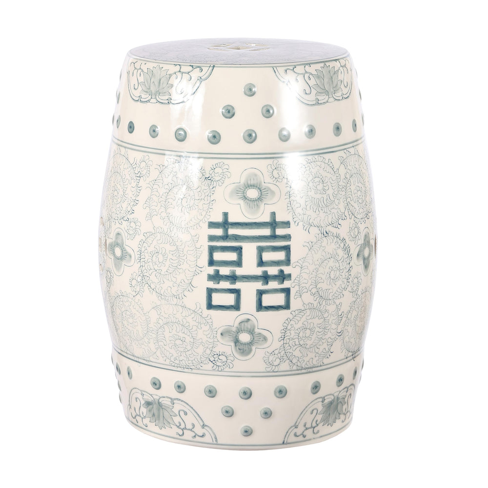 JONATHAN Y front view of stool showing shape and Double Happiness motif, adds elegant accent