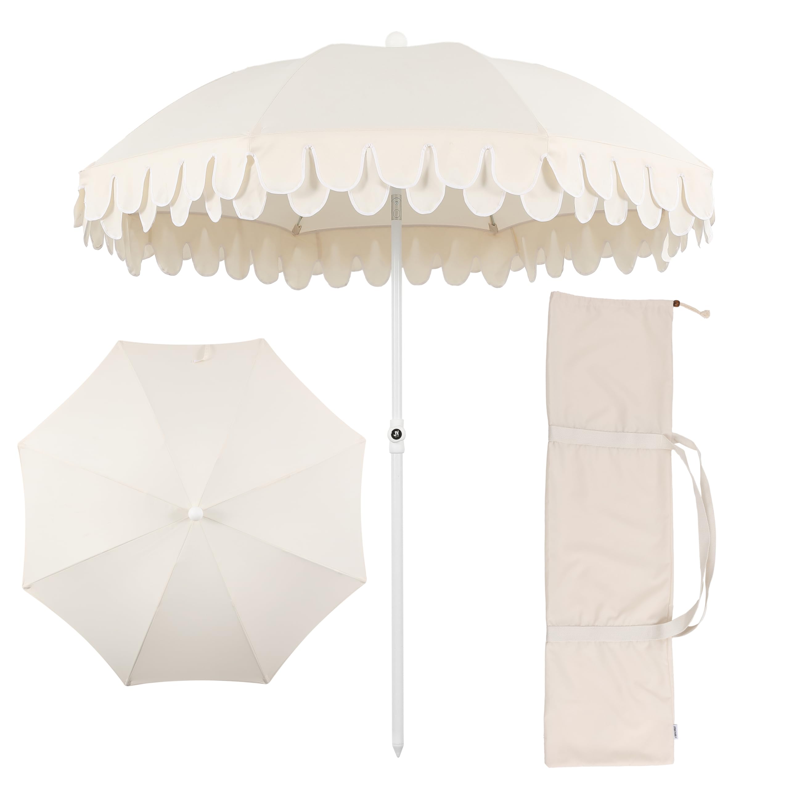 JONATHAN Y front view of cream scalloped umbrella showing classic design and shade