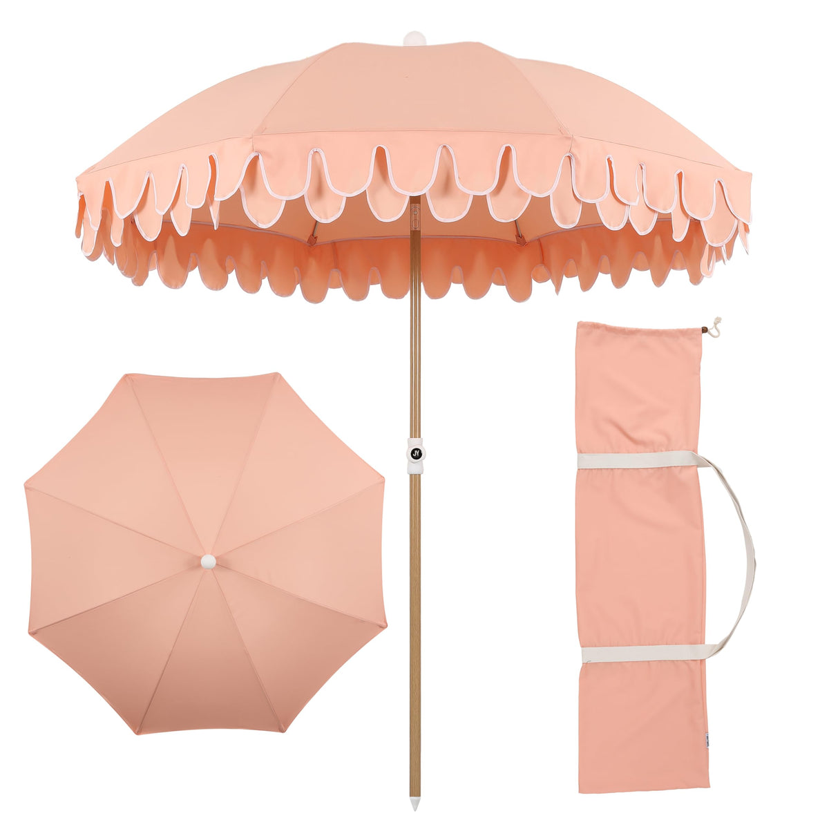 JONATHAN Y front view of coral-pink umbrella showing full canopy and scalloped edge for stylish shade