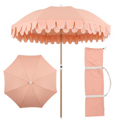 JONATHAN Y front view of coral-pink umbrella showing full canopy and scalloped edge for stylish shade