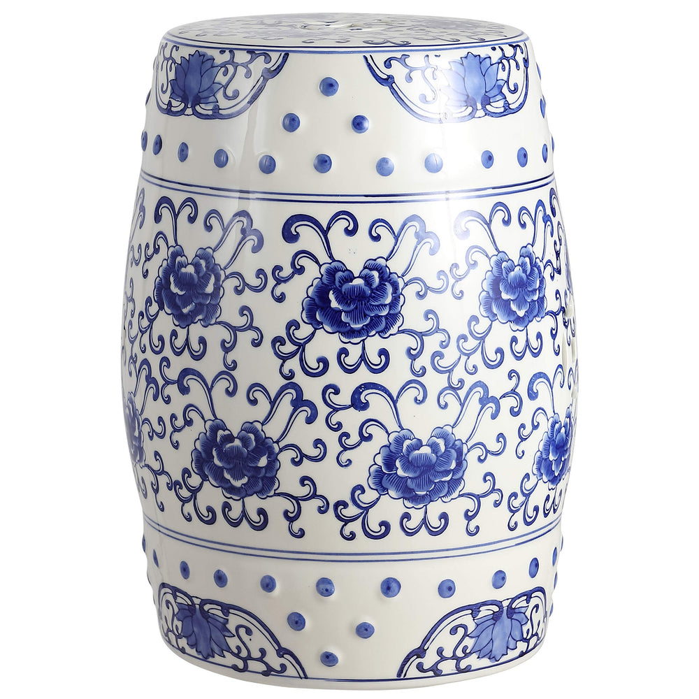 JONATHAN Y front view of blue and white lotus drum stool showing decorative banding and balance