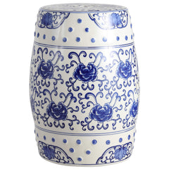 JONATHAN Y front view of blue and white lotus drum stool showing decorative banding and balance