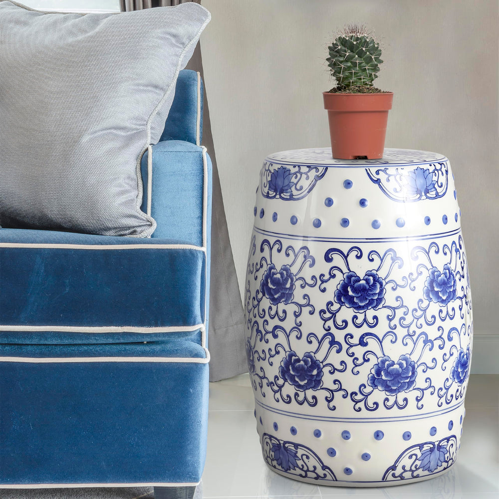 JONATHAN Y stool placed on patio surrounded by greenery offering garden elegance