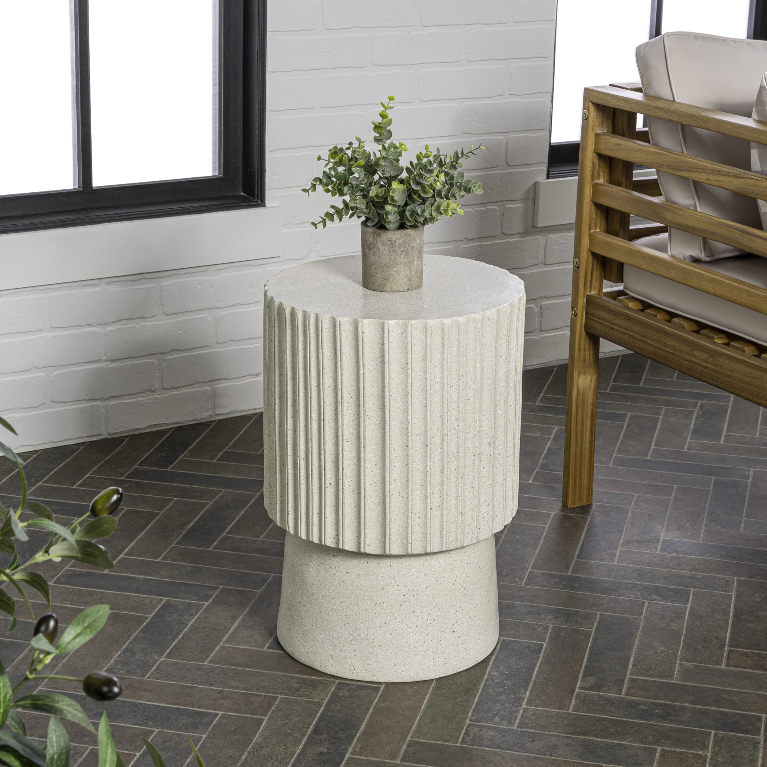 JONATHAN Y front view of cream terrazzo accent table, shows elegant profile and stability