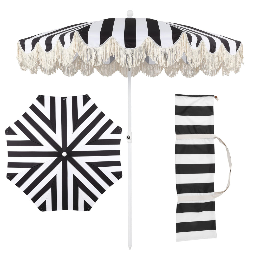JONATHAN Y front view of black-and-white striped umbrella showing full canopy and scalloped edge for stylish shade