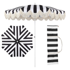 JONATHAN Y front view of black-and-white striped umbrella showing full canopy and scalloped edge for stylish shade