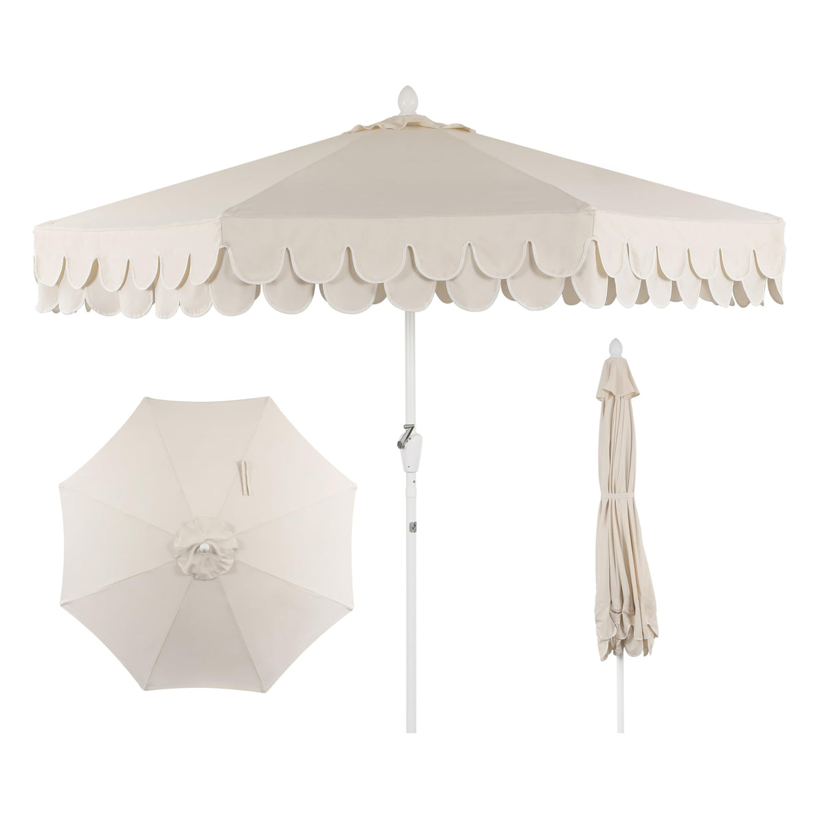JONATHAN Y front view of umbrella showing cream canopy and white trim for elegant shade