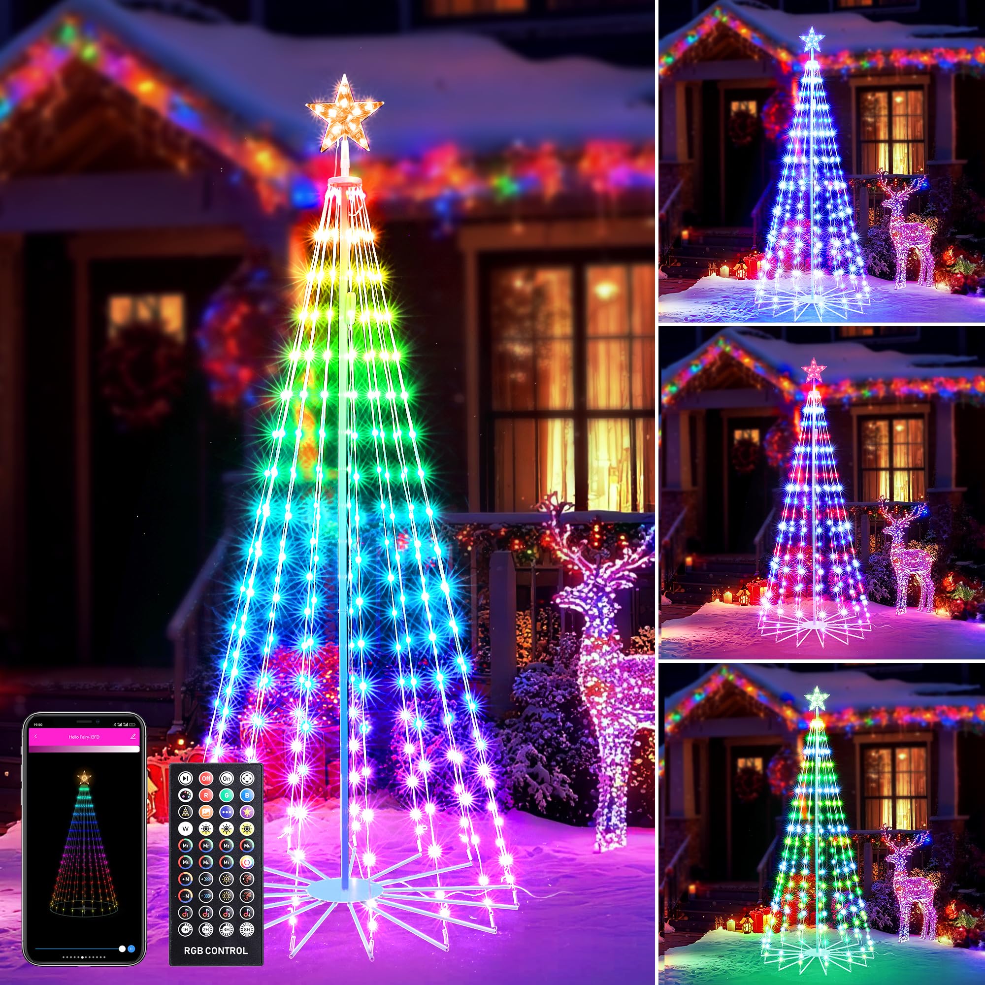 Joomer front view of 7ft tree showing full RGB illumination and curb appeal
