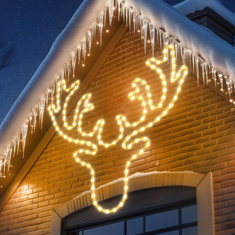Joomer reindeer front view showing warm LED outline and durable frame benefit